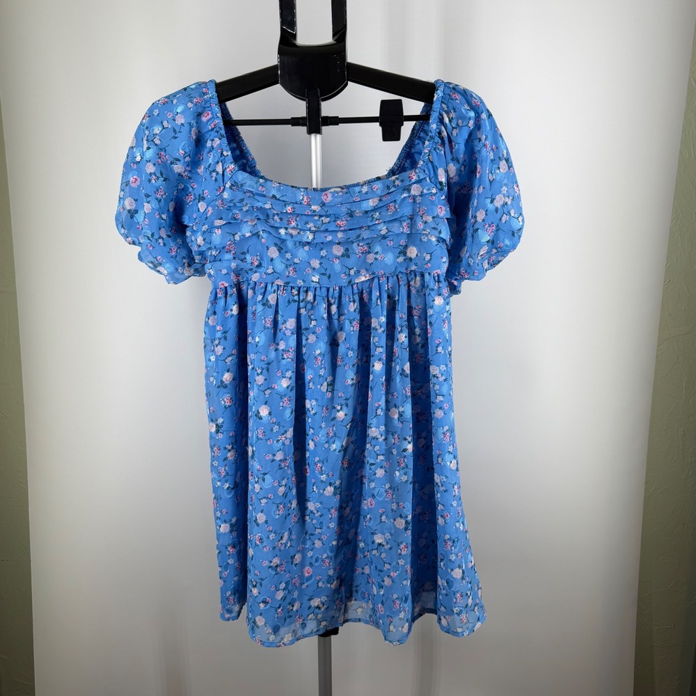 Allison & Kelly Blue Floral Babydoll Mini Dress Puff Sleeve Smocked Back M
